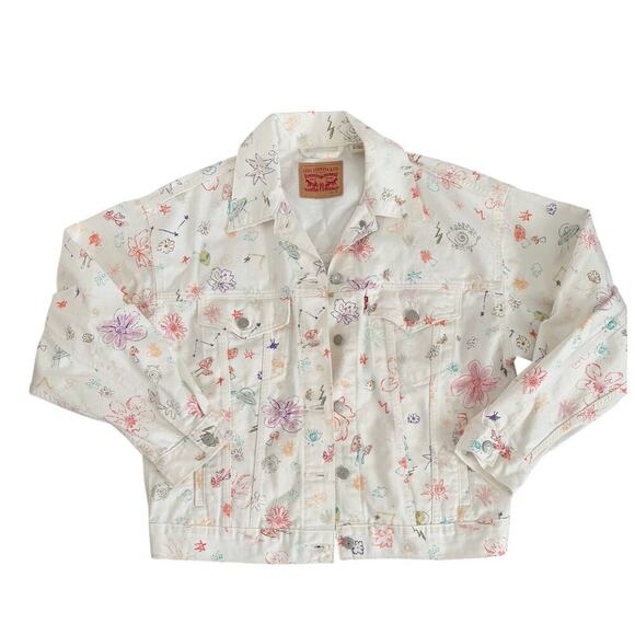 Levi's Trucker Jacket White Doodle Print - Women's Medium, Like New - Picture 1 of 4